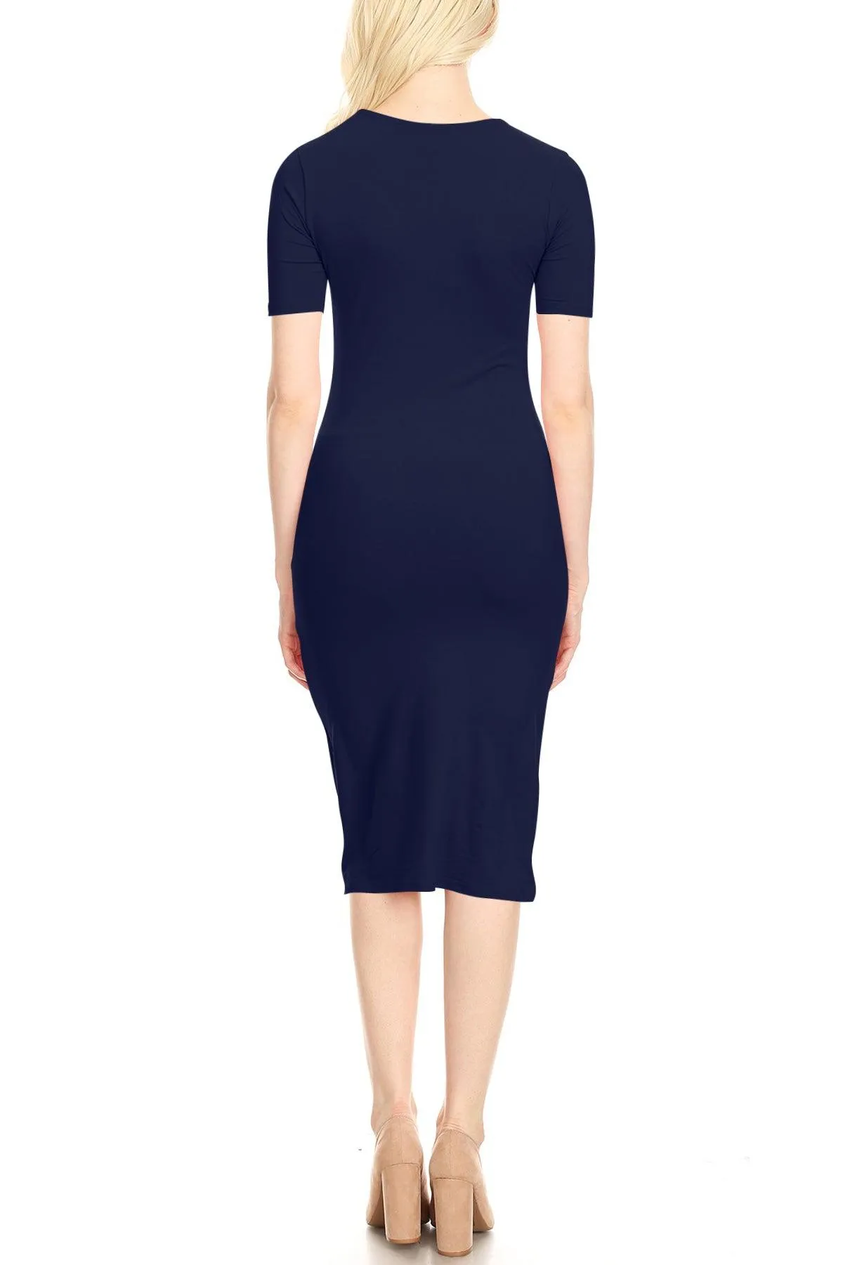 Women's Lightweight Bodycon Slim Fit Short Sleeve Basic Solid Midi Dress