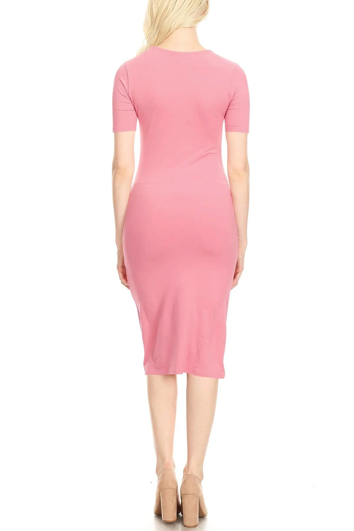 Women's Lightweight Bodycon Slim Fit Short Sleeve Basic Solid Midi Dress