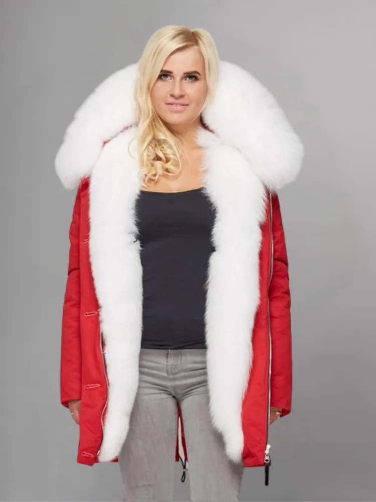 women's Red parka with white fur