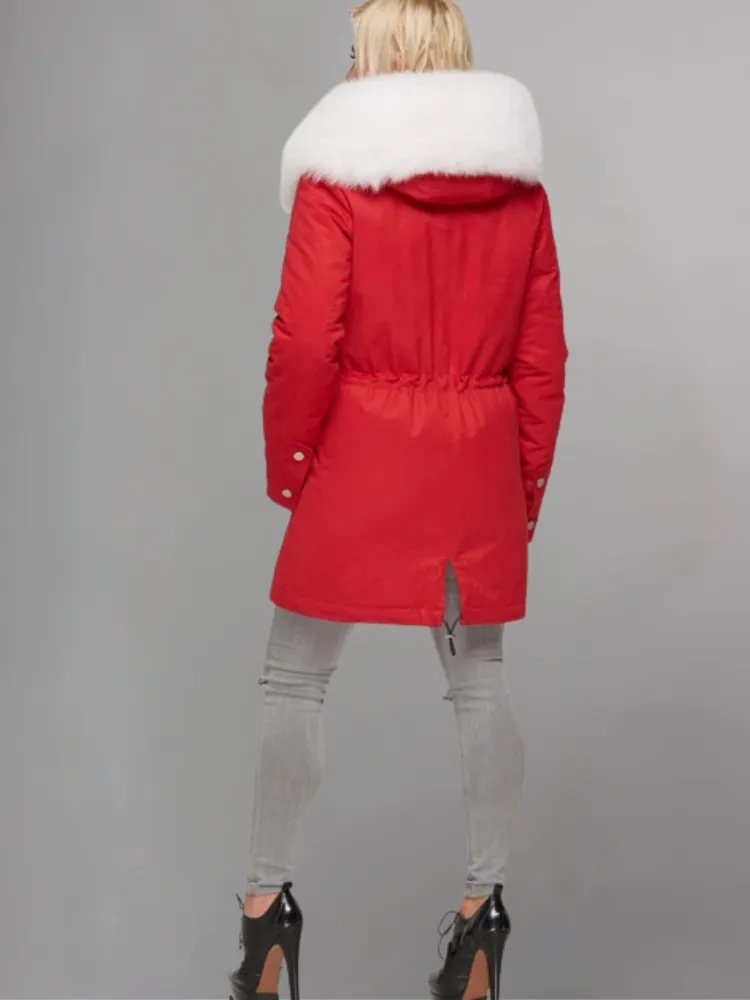 women's Red parka with white fur